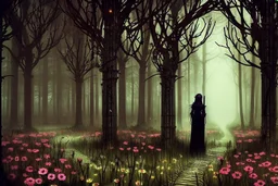 night, forest, flowers, gothic horror influence, epic