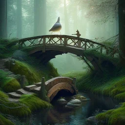 poet with lute, evening, angel sleeping on rock under wooden bridge in magical forest, spray painting, foliage frame, fantasy art , movie poster, Realistic photography, incredibly detailed, ultra high resolution, 8k, complex 3d render, cinema 4d, color corrected