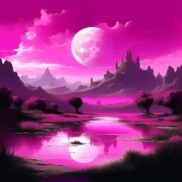 A magenta magical desert with a pond made out of goo painted by Ivan Aivazovsky