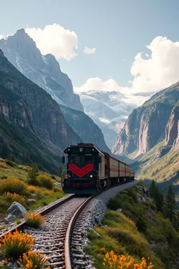 A train truck in stunning mountain landscape, mountain gorge, bright color palette, high detail, perfect composition, gcinematic shot, intricate details, hyperdetail.the collide with the anther train