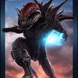 hybrid kaiju between alien xenomorph of ridley Scott and iron man