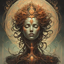 create a haunted female disembodied spirit with highly detailed, sharply lined facial features, , finely drawn, boldly inked, in soft ethereal colors, otherworldly, celestial, and beautiful in the style of Peter Mohrbacher
