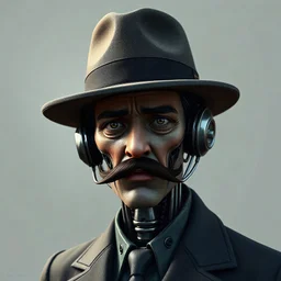 Fernando Pessoa realista cyborg com chapeu e bigode