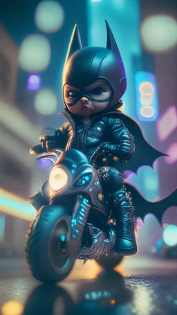 A Sharp Kawaii tiny hyper realistic baby batman riding mini harley davidson, wearing bikers clothes with freestyle action, night of cyberpunk city background. wide angle full body, 8k, Cinematography, photorealistic,epic composition Unreal Engine,Cinematic, Color Grading, Portrait Photography,Ultra-Wide Angle, Depth of Field, hyper detailed