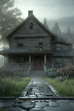 Realistic scene of monster house. Night, fog. highly detailed, concept art, smooth, unreal engine 5, god rays, ray tracing, RTX, lumen lighting, ultra detail, volumetric lighting, 3d, finely drawn, high definition, high resolution.