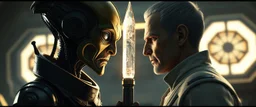 Close-up confrontation between an ancient alien outcast leader synth and a space broker, standing only a meter apart, intense eye contact, discomfort, glowing crystalline rod between them, anger mixed with sadness, dramatic facial expressions, shallow depth of field, cinematic lighting, stylized 3D anime, airbrush painting, crisp outlines, escher , rembrandt and titian, fallout 4