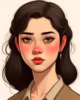 An old-fashioned girl with black hair and a hairline and stuffy lips and very few eyebrows and not very light skin and big brown eyes.