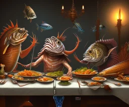 supper, fish sit at the table and eat pieces of people.