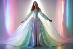 Она была белой, блестящей, и свет отражался на ткани, придавая ей волшебные, почти голографические цвета радуги, очень тонко. У него были большие рукава и много ткани, он выглядел так, как будто пришел из сна. Оно выглядело похоже на платье Сары из «Лабиринта» или платье Авроры в клипе на песню «Temporary High»