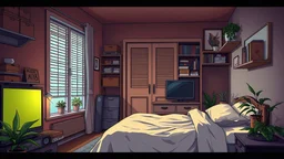 chopped angle, perspective, apartment, bedroom, graphic adventure, interactive game, visual novel, semi realistic, background, FULL COLOR, Minimalistic ,color, boxes, shelves, closed door, closet, television, computer, bed, pillow, duvet, blanket ,window, shutters, plants, pots