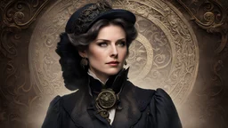 middle aged woman, (style-swirlmagic:0.8), solo, upper body, looking away, detailed background, detailed face, (victorian theme:1.1), false confidence, investigator of the unknown, tattered adventuring gear, gloves, dark color scheme, ancient apocalyptic prophecy,,psychological struggle, antique glyphs, shadowy tendrils in background, low light, early 20th century mysterious Lovecraftian atmosphere,