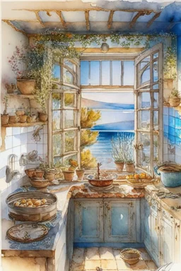 The kitchen of a Greek house, with a view of the sea through the window by Jean-Baptiste Monge, watercolor and ink, intricate details, fantasy, beautiful, award winning, colorful, fantastic view, crisp quality in sunshine