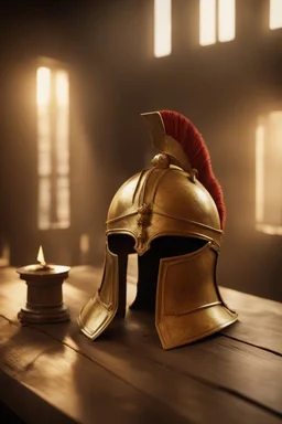 The Roman centurion's golden helmet lies on an old cracked wooden table. Next to it on the table is a cross on a string and a scroll of parchment. A ray of sunlight reflects off the helmet. All around is the entourage of ancient Rome. High quality image in 8K