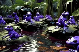 A purple swamp with toxic frogs designed in Hawaiian tiki statues painted by John Singer Sargent