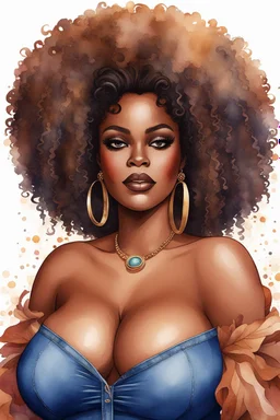 create a watercolor illustration of a plus size dark skinned black female wearing Tight blue jeans and a hazel brown off the shoulder blouse. Prominent make up with long lashes and hazel eyes. She is wearing brown feather earrings. Highly detailed full black tight curl afro