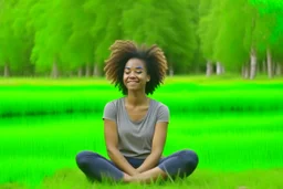 "A person smiles and feels contentment and serenity while practicing meditation in nature. They may be sitting on the grass or by a tranquil lake, placing their hands on their knees, and blissfully closing their eyes 4K