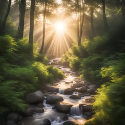 A beautiful picture of nature scenery with soft sunrise rays shining through a lush forest with a small river stream and a walkway