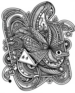 ace card tattoo, coloring book page, clean line art, adults drawing book, Black and white only, crisp black lines, sharp lines, coloring page for adults, black and white picture, lots of details, tattoo style,tattoo ideas, full body, without shadows and colors