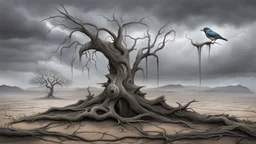 in the foreground of the picture, a sad bird with human face siting on a dry tree in a surreal, dead landscape, cracked earth, died vegetation, spiky tendrils, gray sky, intricate details, dark colors, detalied, dark fantasy, dramatic surreal style