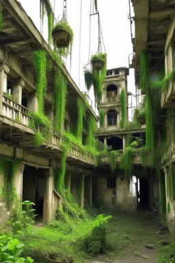 skeletal derelict buildings with hanging plants and vines, with mushrooms on the walls