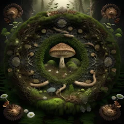 realistic image like a photo of natural mandala , higher resolution forest, muschrooms, roots, trees, ferns, bird