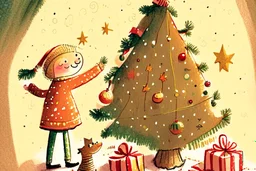 Christmas illustration, children book style, whimsical, warm colors, grainy texture, subject: decorating the christmas tree