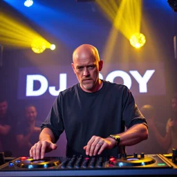 A dj on a night rave club standing mixing songs , he looks like the actor Bryan Cranston, bald man. strobes and blue yellow light, a big sign with "DJ ROY" in the background, this is a album cover for his DJ ROY "analisentials" album.