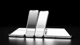 3 horizontal layered smartphones mockup technical photo, empty white screen, left side perspective, dark ambience, weißes gehäuse