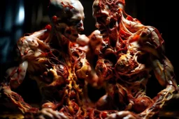 cinematic gore photorealistic fleshy photo of 2 waltzing oozing decomposing fleshy torsos, conjoined contortionist torn twisted, turned inside out, anatomically fragmented, marbled, crackled, ripped apart again being flayed, skinned alive. beating heart, muscles, blood vessels, bowels, entrails are exposed, pieces of loose skin, anatomy and physiology, grotesque Bosch and Dali inspired hallucination, below view photo.