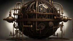 steampunk sphere with tubes, pipes, and wires floating in black space, detailed