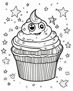 coloring book for cartoon style, no coloring, outline art, sweet cup cake with rainbow, star and other elements, something element, thick lines , white and black, white background, no shading and gryscel