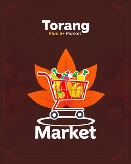 A design for a supermarket called (Torang Plus Market) in the form of an attractive logo at the top of the image with a wheeled cart full of products in the middle of the image on a special and beautiful background with a red, orange, and white color theme.