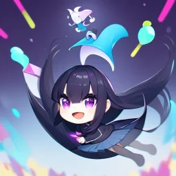 Clear focus,High resolution, Black long straight hair, and purple eyes, wearing a skirt,with stocking, with long boots on, Happy, Jumping, Half Chibi