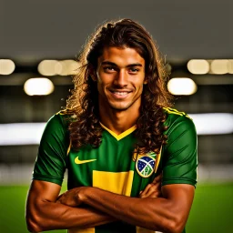 85mm DSLR color photography of a very detailed headshot fitting all of head and hair in frame. 23-year-old Brazilian soccer player, with and with no facial hair and has a with a small smile, grey background has a soft look on his face has smooth long hair