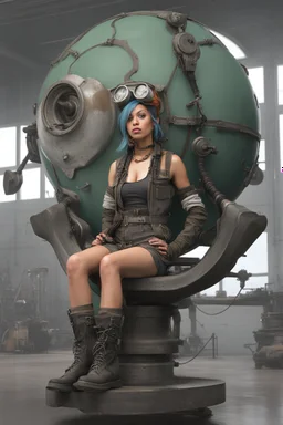 colored girl with big boots sit on mechanic sphere