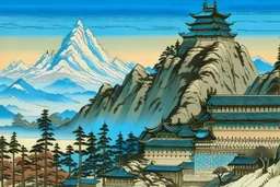 A castle near snow covered mountains painted by Utagawa Hiroshige