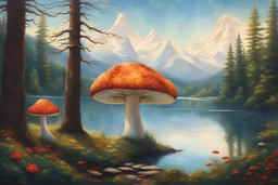 Giant mushroom, stanley artgerm, pointillism, bokeh, sparkles, magic, trees, mountains, lake, thomas kinkaid, norman rockwell