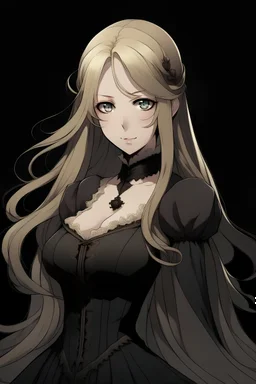 Personaje de anime femenina, con cabello rubio y largo, vestido de epoca victoriana oscuro. rostro delgado, mirada seria e imponente