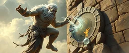 epic fantasy illustration, spirit giant throwing pushing marble stone sculpture into wall