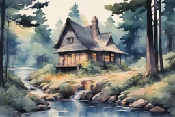 retro anime style, full color, dark serious 1980s anime style, A cottage in the forest near a river, watercolor, forest,