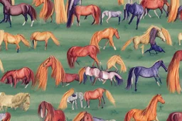 illustration horses of different colors in a field from afar
