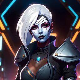 female cyberpunk Latina drow with white hair, wild facepaint, anime style, retroanime, video game character, smiling coyly
