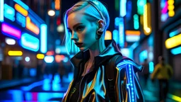 ((futuristic fashion, young woman, cyberpunk cityscape), high-tech accessories, neon lighting, holographic elements), silver reflective clothing, glowing tattoos, LED eyelashes, 4k, ultra-detailed, sharp focus, professional photograph, dynamic composition, bustling cyber streets, bokeh lights, night time, Blade Runner inspired, trending on ArtStation, long exposure, Nikon Z7, 85mm lens, f/1.4 Negative prompt: poorly drawn hands, extra limbs, bad fashion sense, low resolution, blurry, out of fram