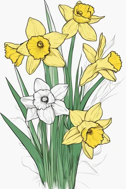 outline art for Spring: Daffodils , White background. sketch style, clean line art, white background, no shadow and clear