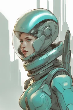 female futuristic soldier, aged 34, massive muscles, strong jaw, brown hair, turquoise spacesuit