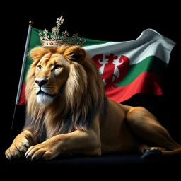 Create A hyper-realistic highly detailed image of a majestic lion lying down, wearing a royal crown. The lion's fur should be rich and textured, with a regal and powerful presence. Behind the lion, the flag of the Republic of Bulgaria waves gracefully, its white, green, and red colors vivid and well-defined. The background should be an elegant, deep black, creating a striking contrast that enhances the grandeur of the lion and the flag. The lighting should be dramatic, with