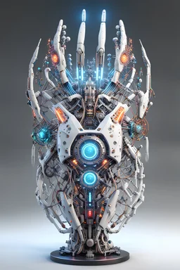 3D rendering of Expressively detailed and intricate of a hyperrealistic “cyborg hand”: front view,white and colorful neon, tribalism, shamanism, cosmic fractals, dystopian, octane render, 8k post-production, detailled metalic bones, dendritic, artstation: award-winning: professional portrait: atmospheric: commanding: fantastical: clarity: 16k: ultra quality: striking: brilliance: stunning colors: amazing depth