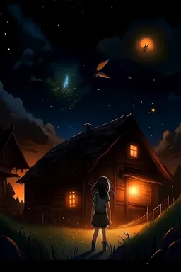 Night sky girl in the sky there is a fighter plane Facing the back, there are fireflies, and behind it is a burning house The house burned down His house was destroyed by war