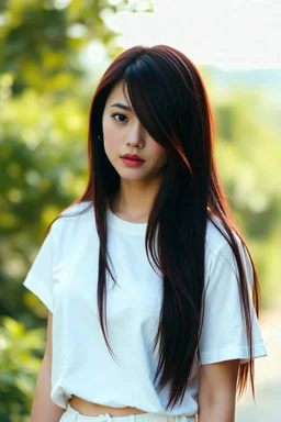 A girl with long and wine red straight and silky hair, with side bangs. she is wearing a white T-shirt and shorts showing her slim body and she is very beautiful