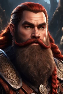 dnd character art of dwarf, long brown hair, long red braided beard, high resolution cgi, 4k, unreal engine 6, high detail, cinematic, concept art, thematic background, well framed